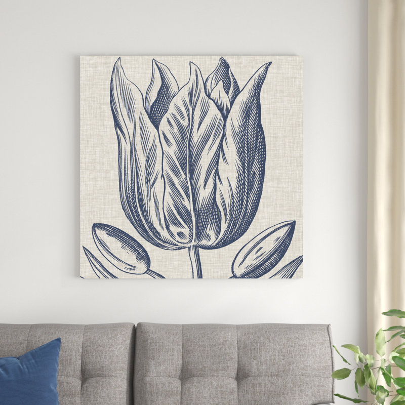 Indigo floral sur lin VI, H 36 po x l 36 po x P 1,25 po