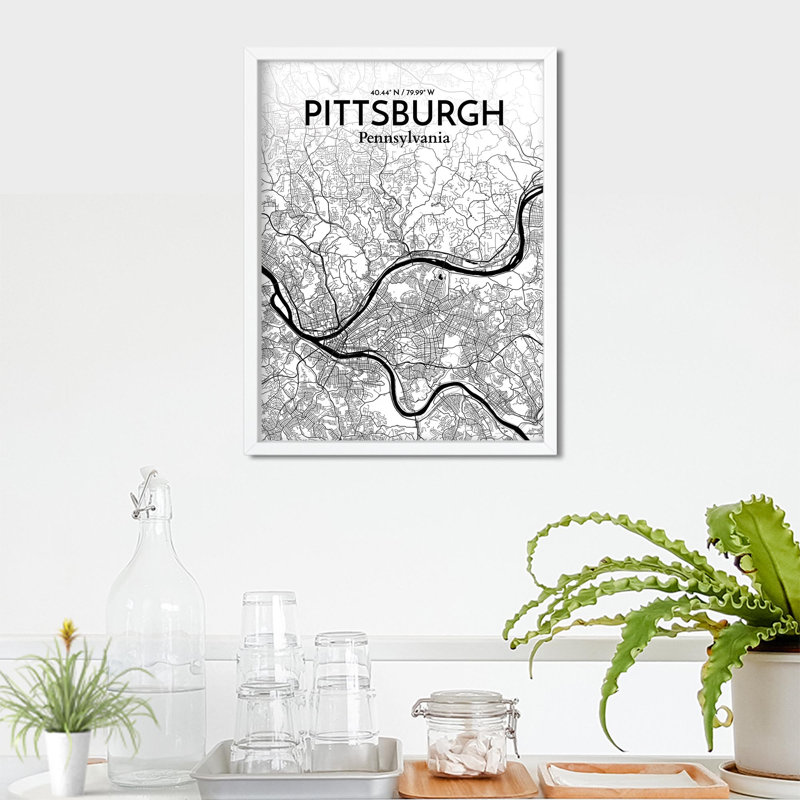 Pittsburgh City Map, impression, Noir et blanc, H 24 po x l 18 po