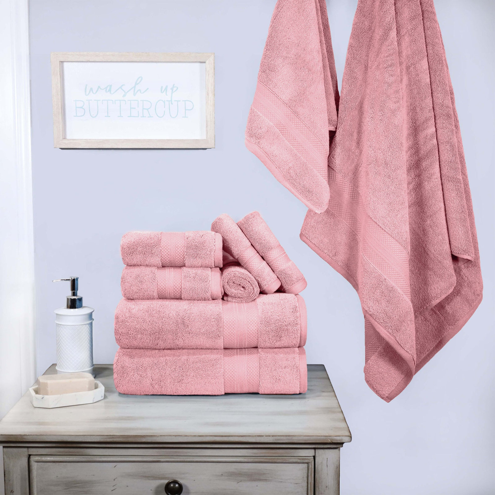 Finnian Turkish Cotton Bath Towel, Coral Pink, 9 Piece Towel Set