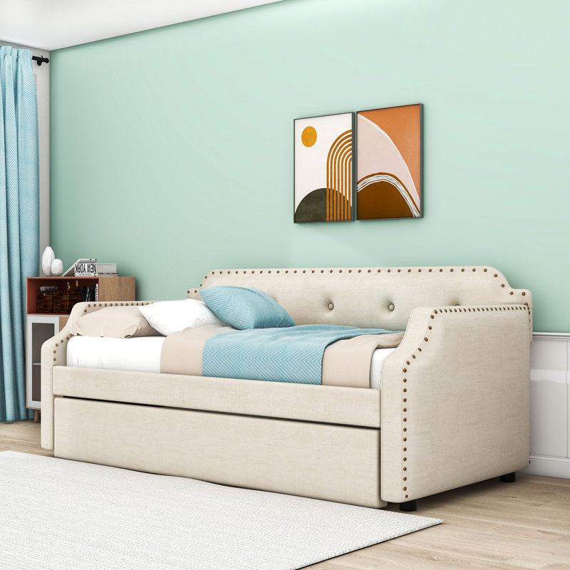 Twin Linen Upholstered Daybed with Twin Trundle, Beige