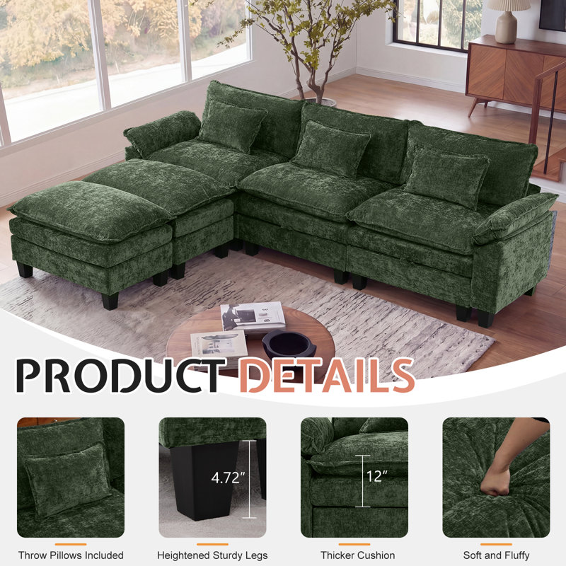 Canapé modulaire de 118 po avec rangement, canapé U Cloud Comfy avec repose-pieds et coussins décoratifs, canapé-lit modulaire en chenille pour salon, chambre à coucher