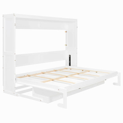 Queen Size Wall Murphy Bed With Storage, Foldable Cabinet Bed With Vanity Desk, Center Mirror & 2 Side Drawers