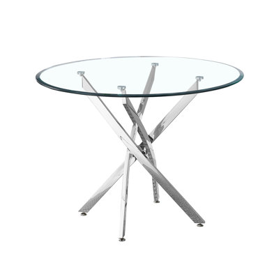 Table de salle à manger ronde en verre trempé transparent avec quatre poteaux inclinés en acier inoxydable argenté et pieds niveleurs, 36 pouces de largeur, supports de pieds en métal, verre épais de 0,39 pouce, sièges