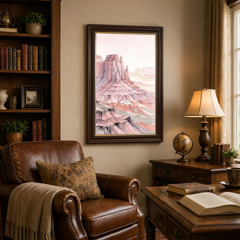 Rose, aquarelle, canyon, formation rocheuse, art mural, H 18 po x l 12 po