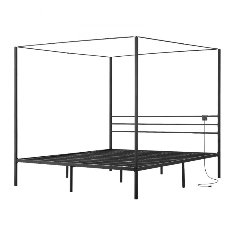 King Size Metal Canopy Bed Frame with Charging Station and Four Posters