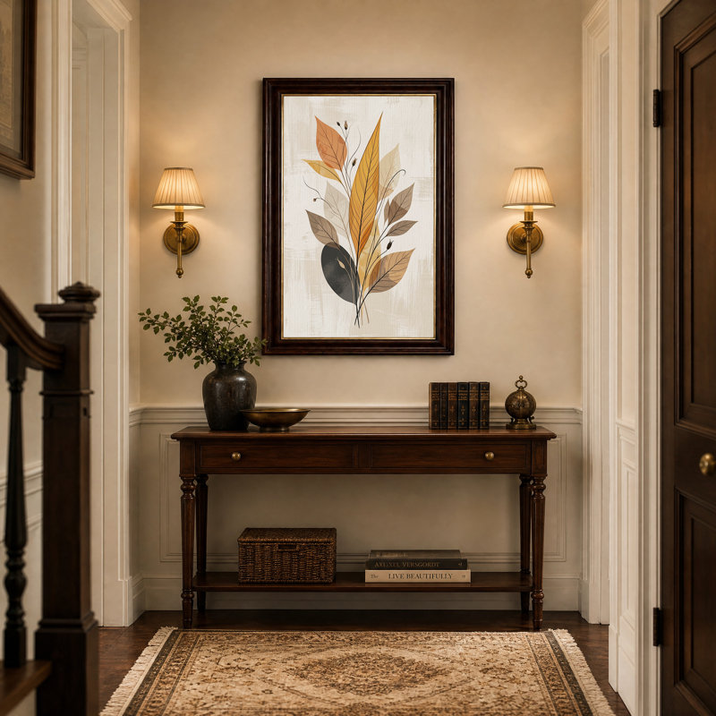 Tableau mural sur toile à fond beige texturé, feuilles orange et brunes, H 24 po x l 16 po