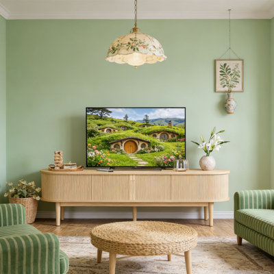 Meuble télé Flute, centre de divertissement moderne médiéval avec armoire de rangement et porte coulissante, console de télévision en bois pour maison de campagne, convient au salon et à la chambre à coucher