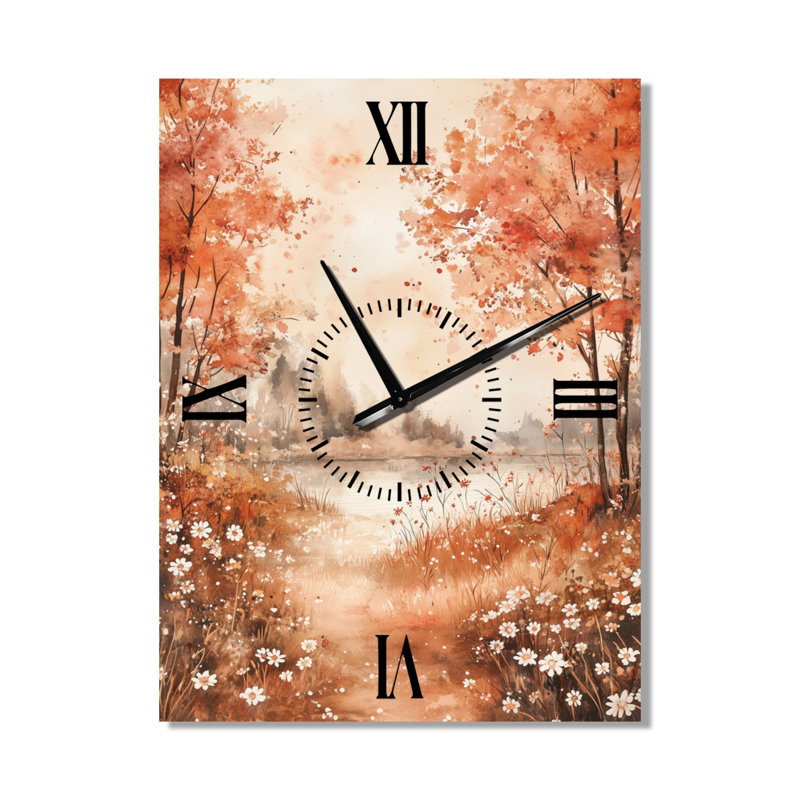 Horloge murale de style ferme, motif de fleurs sauvages rouges et blanches à l'horizon du lac, H 32 po x l 24 po - Rectangle