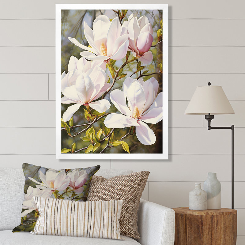 Blanc et rose magnolia tranquillité - impression, H 20 po x l 12 po x P 1 po, Cadre photo blanc