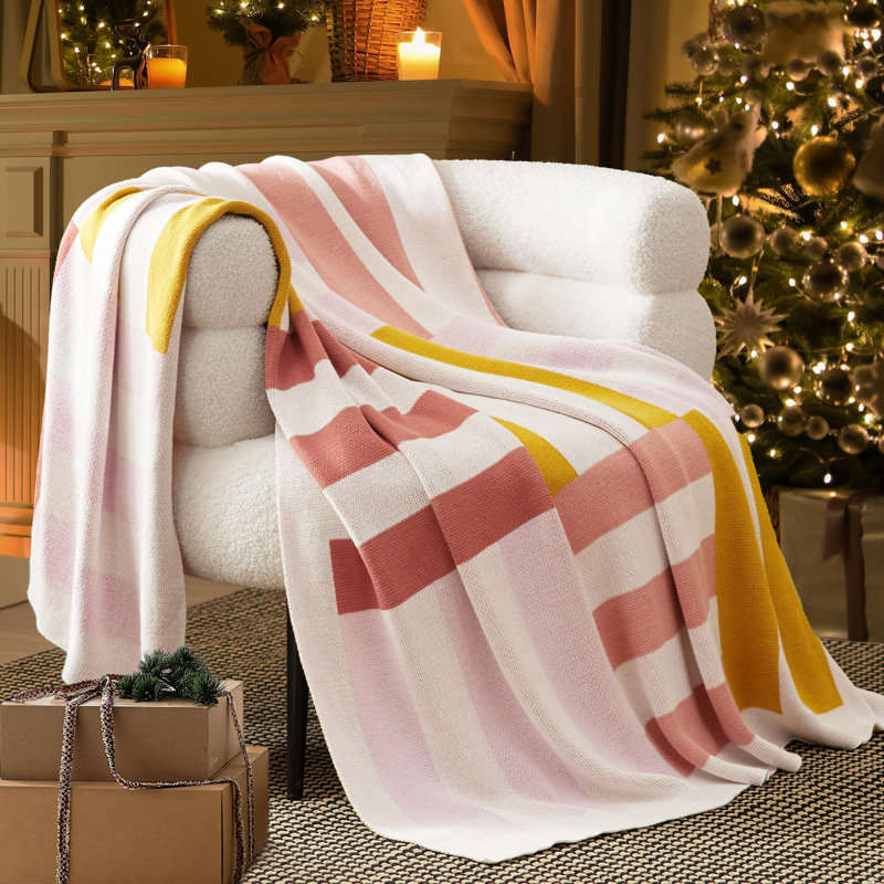 Double Stitch 100% Cotton Soft Knit Throw for Couch Geometric Pattern, Pink Striped, Twin