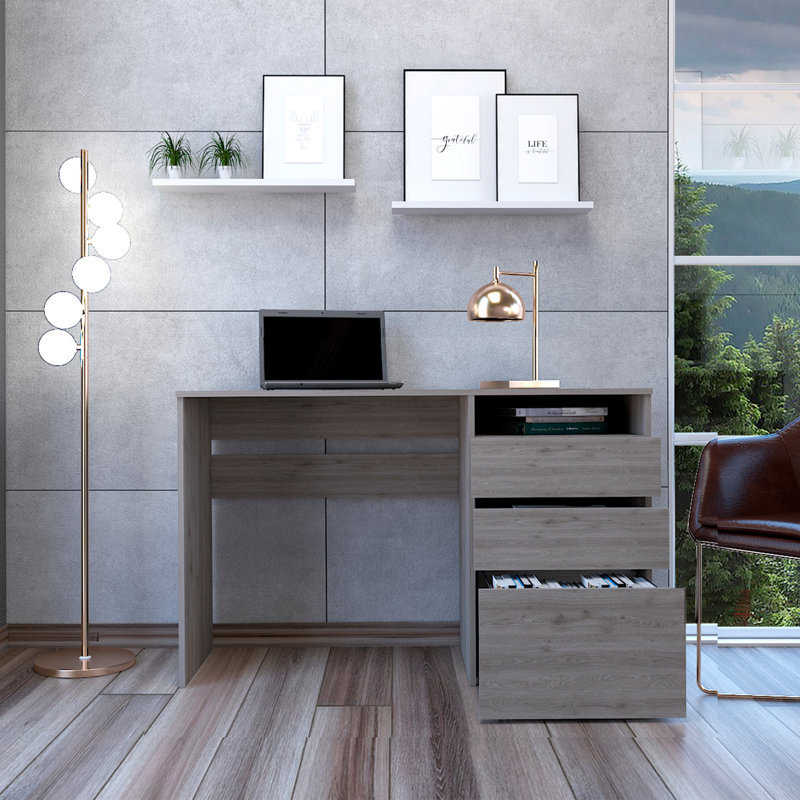 Bureau d'ordinateur à trois tiroirs Dublin, une tablette (bureau), Gris