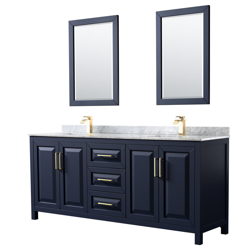 Daria 80'' W Double Vanity, White Cultured Marble, Dark Blue, Brushed Gold