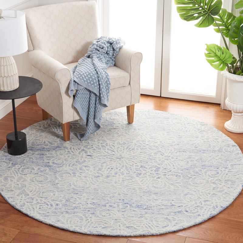 Tapis floral bleu / ivoire en laine / coton touffeté à la main Gosha, Rond 6 pi