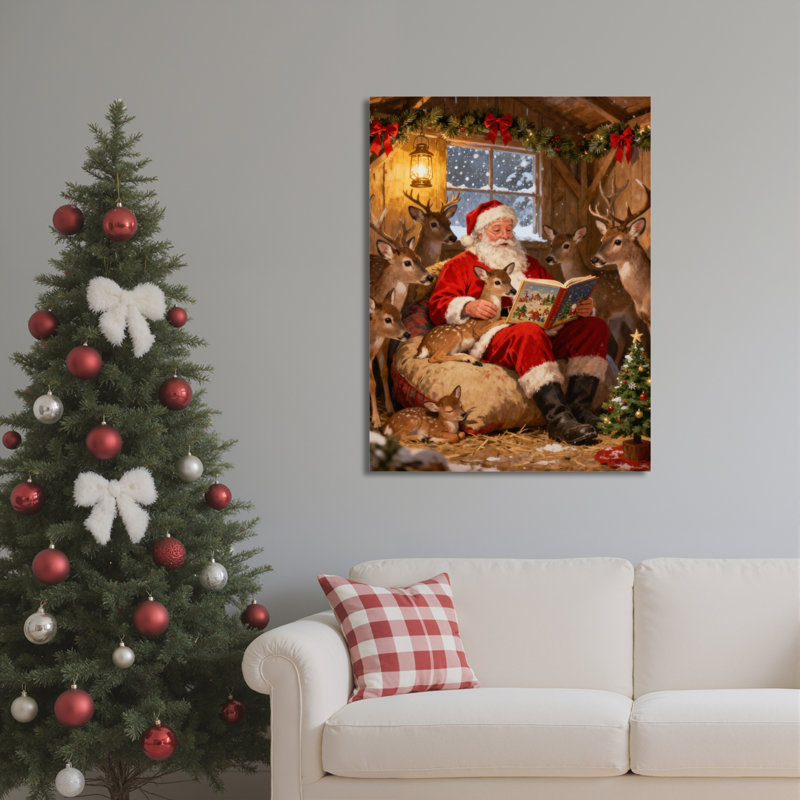 Père Noël lisant sur toile, art mural, H 30 po x l 20 po