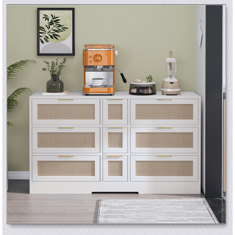 Armoire de rangement en rotin de 51,2 pouces avec 9 tiroirs et poignées en métal pour la cuisine, le salon et la chambre à coucher