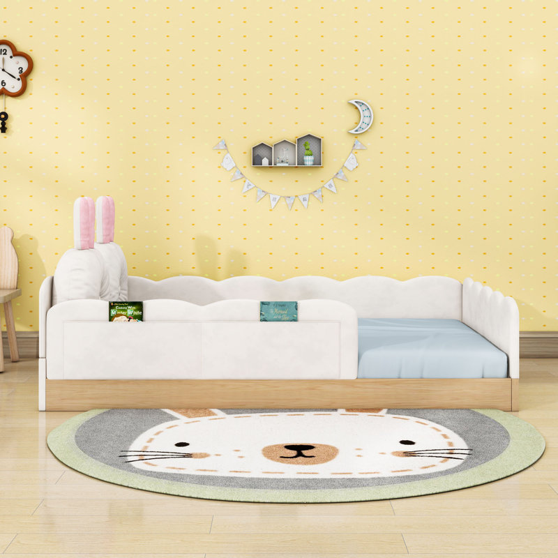 Lit plateforme simple tapissier avec sacs de rangement et coussins en forme d'animaux, Beige
