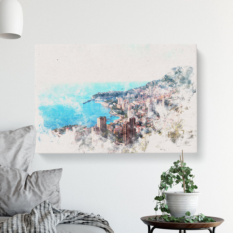 Skyline of Monte Carlo in Monaco Watercolour - Wrapped Canvas, 40cm H x 60cm W x 4cm D