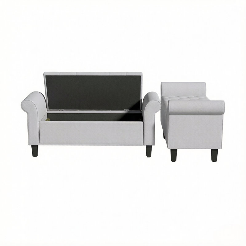 Banc de rangement capitonné 47 po avec accoudoirs roulés, Gris clair, Gris clair