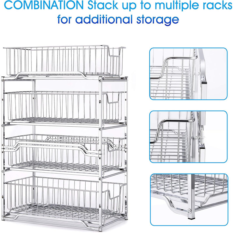 Simple Trending 2 Pack Stackable 2 Tier Under Sink Cabinet Organizer With Sliding Storage Drawer, Chrome
