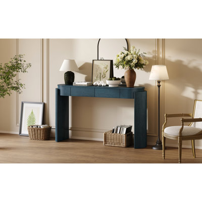 Console en bleu marine avec plateau ovale, grain de bois appliqué à la main, pieds cannelés, rangement pour entrée quotidienne, finition grain de bois naturel, deux tiroirs, pieds décoratifs décoratifs rustiques