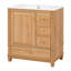 Meuble-lavabo de salle de bain avec lavabo en céramique, armoire de salle de bain autoportante avec grain de bois naturel, pieds en bois d'hévéa massif, portes et tiroirs à fermeture en douceur, grand espace de rangement