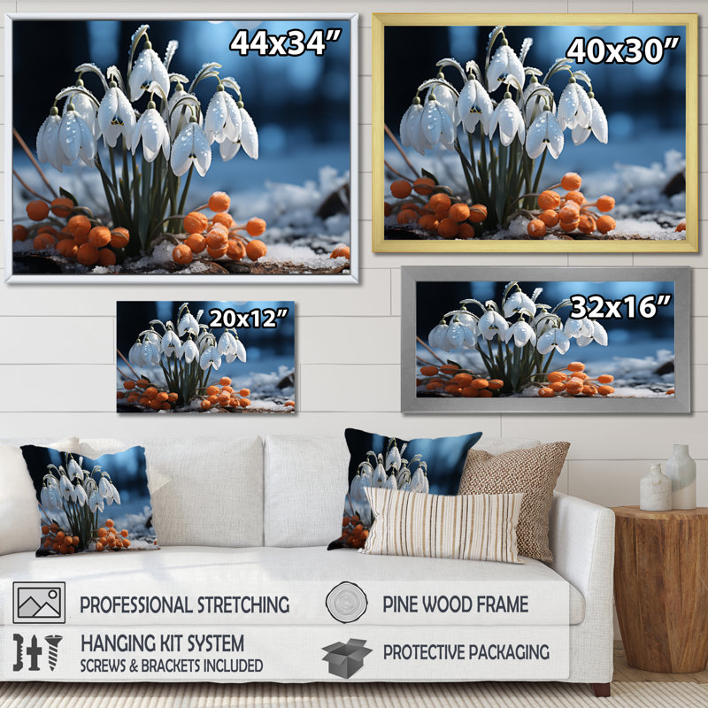 «Snowdrops Snowy Serenity II», reproduction sur toile, H 16 po x l 32 po x P 1 po, Cadre doré à une seule photo