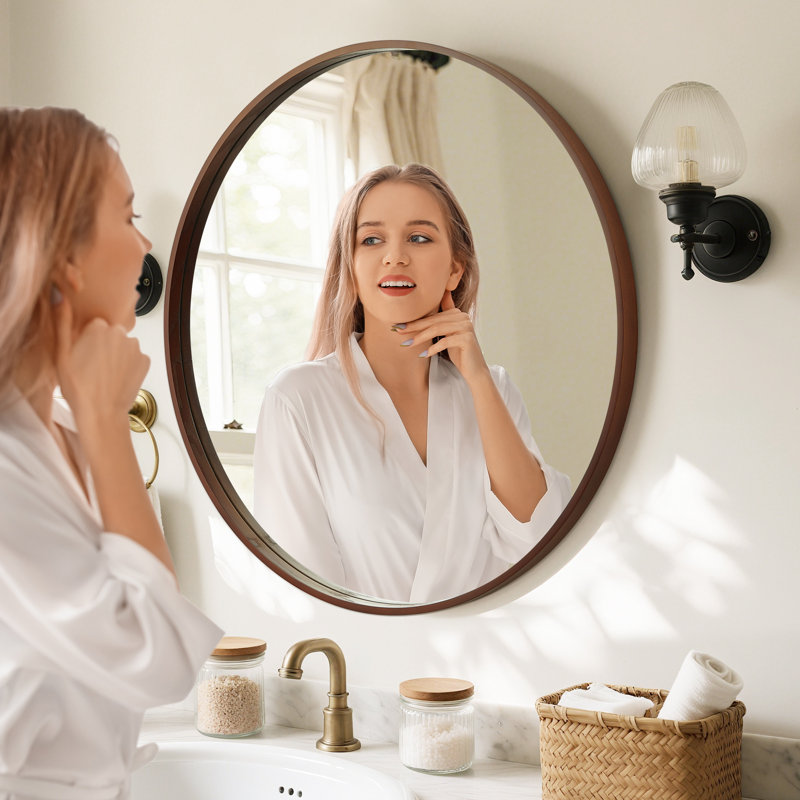 Karrina Accent Wood Round Mirror, 28" x 28", Walnut