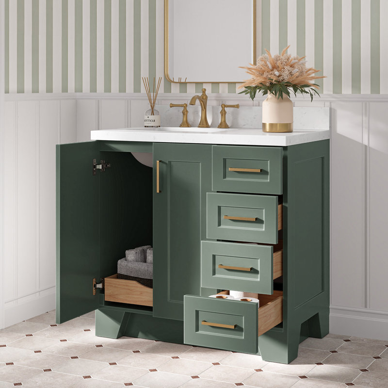 Meuble-lavabo simple en bois massif 36 po Frawley en blanc avec plateau en quartz blanc Carrara 1,5 po, évier gauche décalé, rectangle