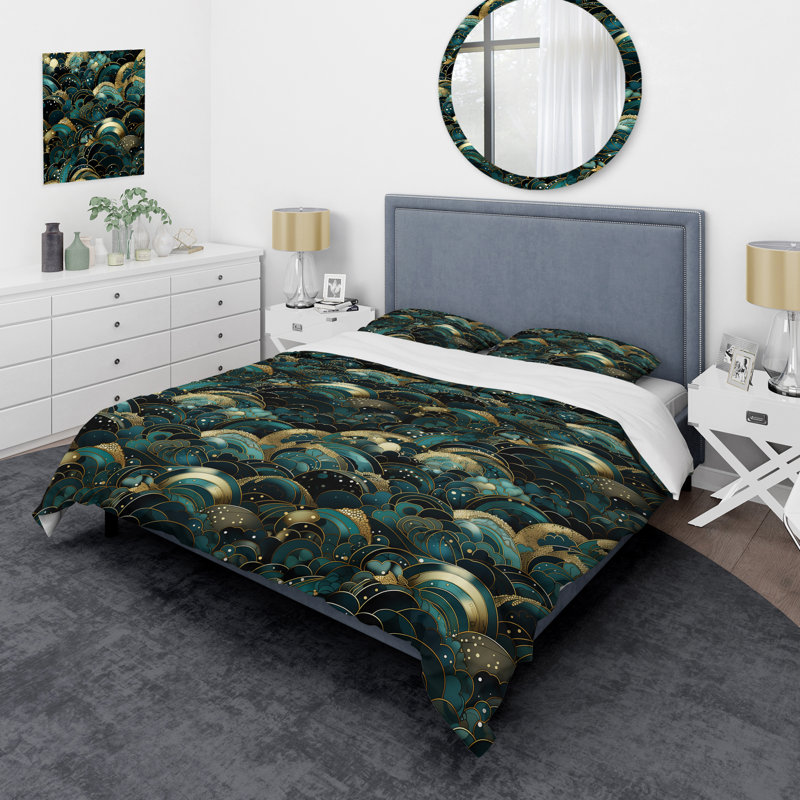 Ensemble de housse de couette Rich Emerald And Gold Marble, Housse de couette pour très grand lit et 2 très