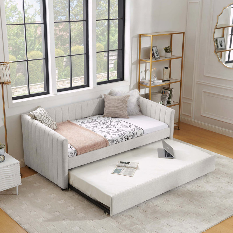 Upholstered Daybed Trundle Sofa Bed Vertical Stripes, Beige, Twin