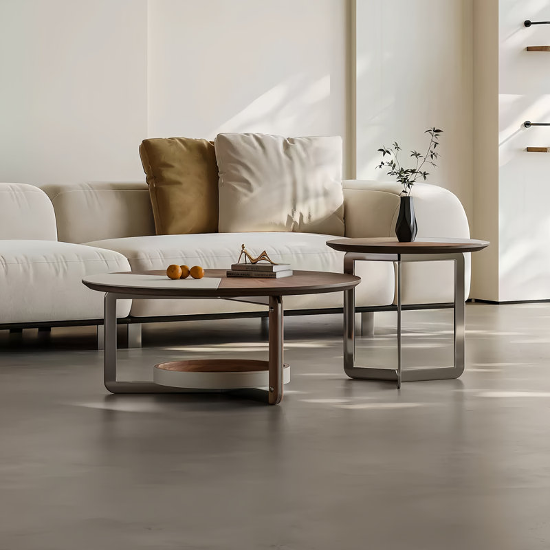 Coffee Table Set 2-Piece Modern Living Room Table Set Leather Coffee Table Round Nesting Table Set