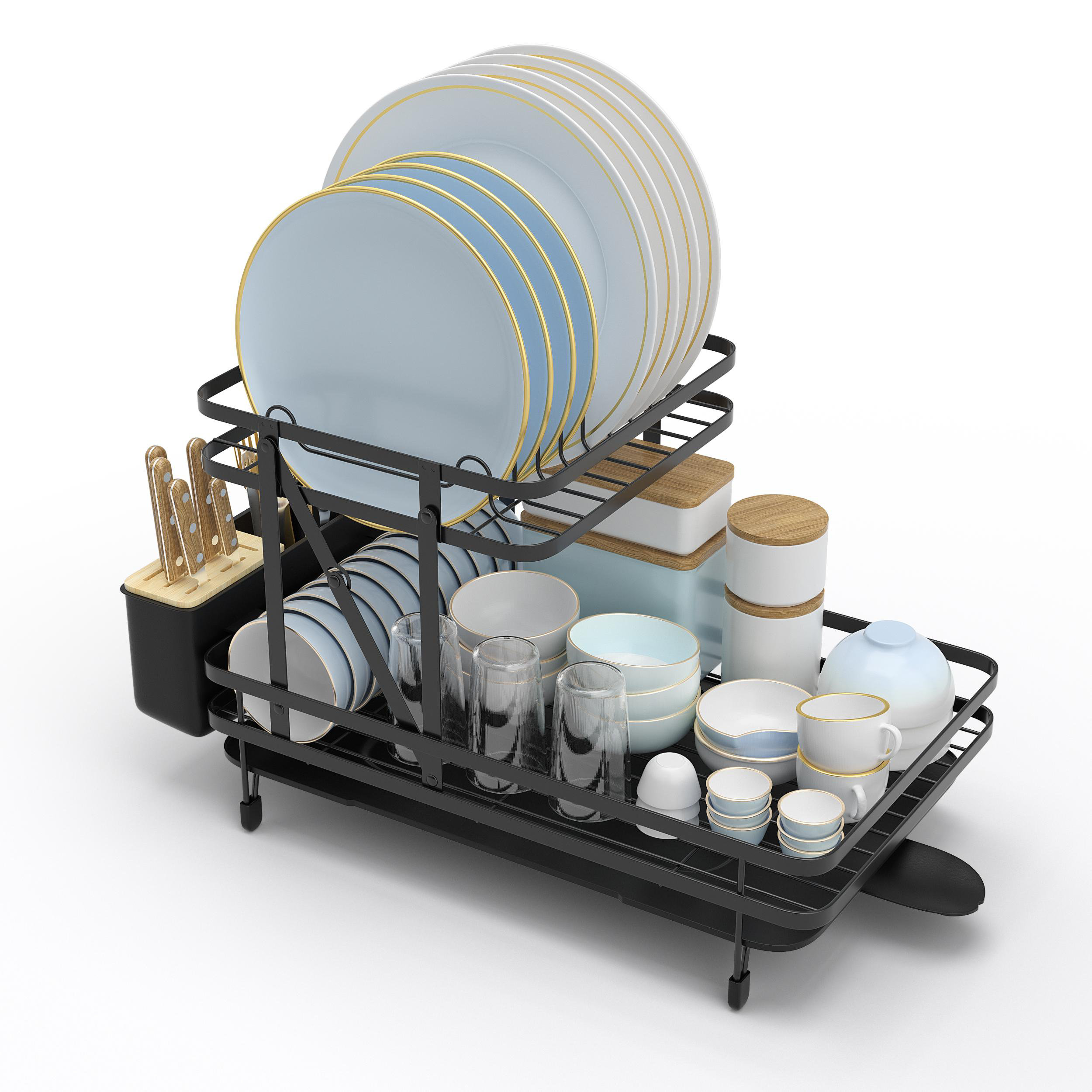 J&V TEXTILES Foldable Dish Drying Rack with Drainboard, Stainless Steel 2  Tier Dish Drainer Rack (Black)