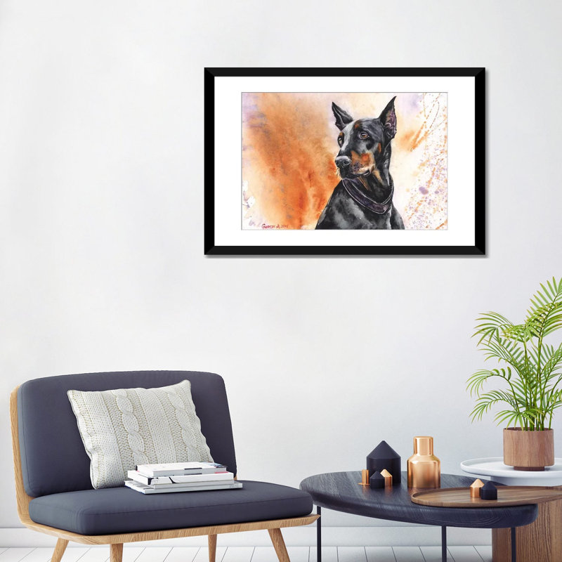 « doberman », reproduction sur toile, Papier d'art encadré noir, H 24 po x l 32 po x P 1 po, Blanc