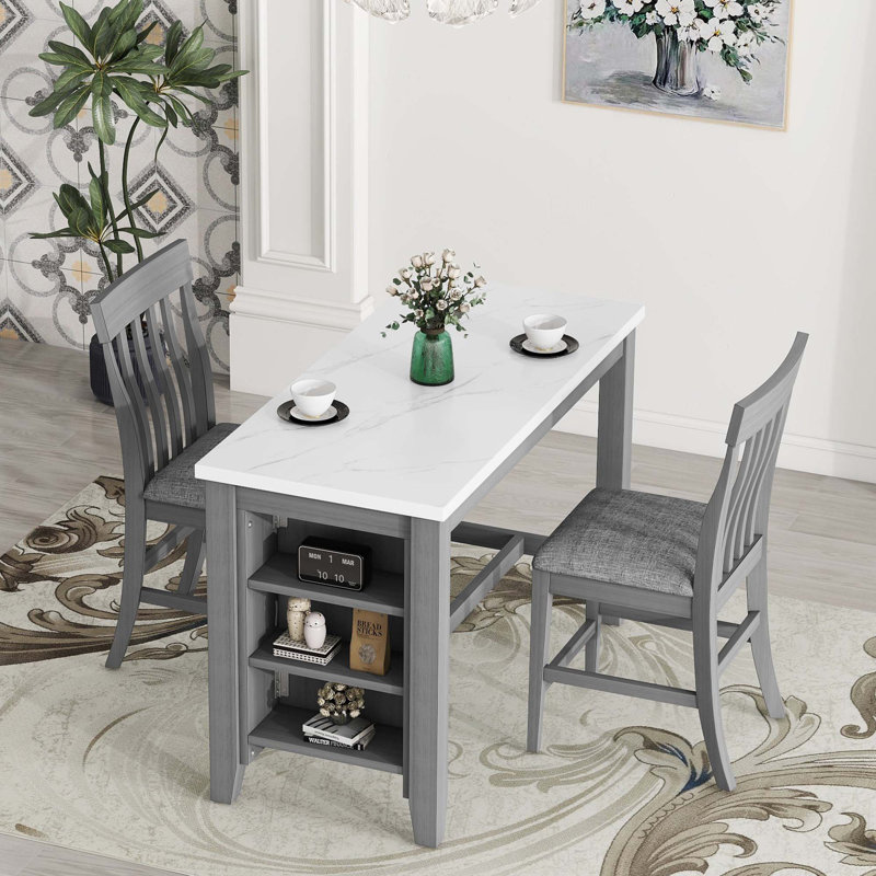Ensemble de table de salle à manger 3 pièces à hauteur de comptoir avec tablettes de rangement intégrées