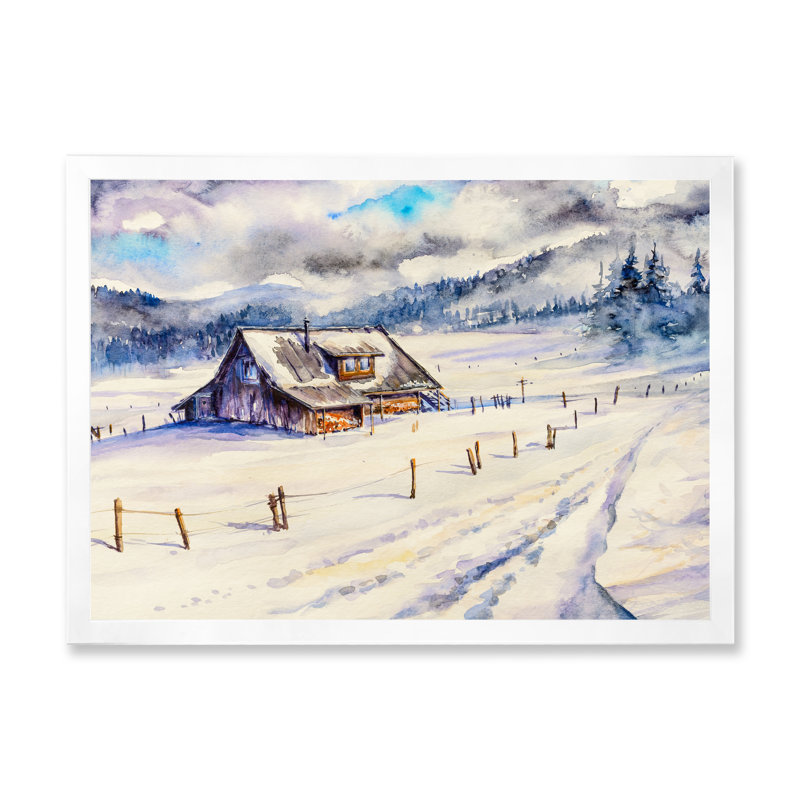 Winter Mountain House Landscape - reproduction de cadre photo sur toile, H 16 po x l 32 po x P 1 po, Cadre photo blanc