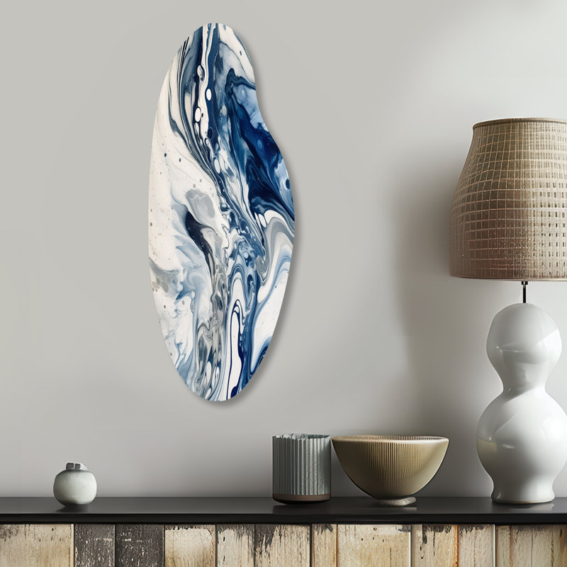 «Blue and Grey Ethereal Elixir IV», décoration murale incurvée abstraite en métal, reproduction d'art asymétrique bleue en métal