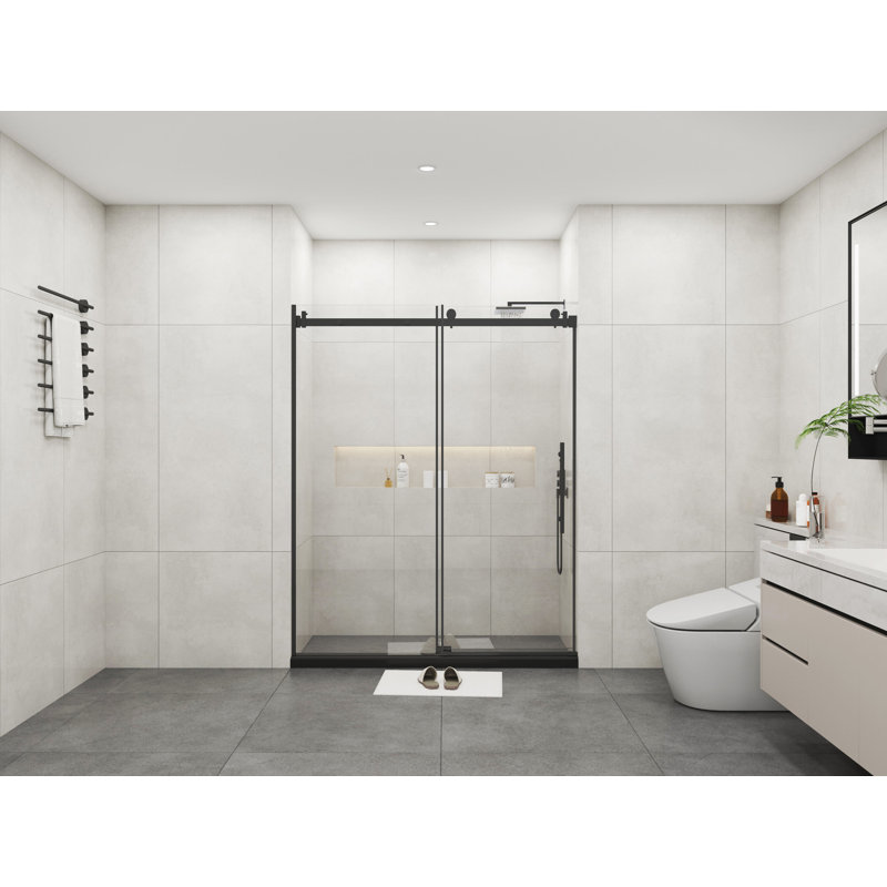 Portes de douche coulissantes en verre sans cadre de 72 po de largeur x 76 po de hauteur avec verre trempé transparent de 3/8 po (10 mm), finition noir mat 