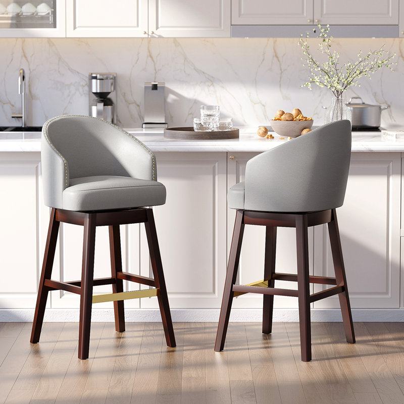Swivel 31.9'' Faux Leather Bar Stool with Solid Wood Legs, Gray, Gray, Bar Stool (31.9" Seat Height)