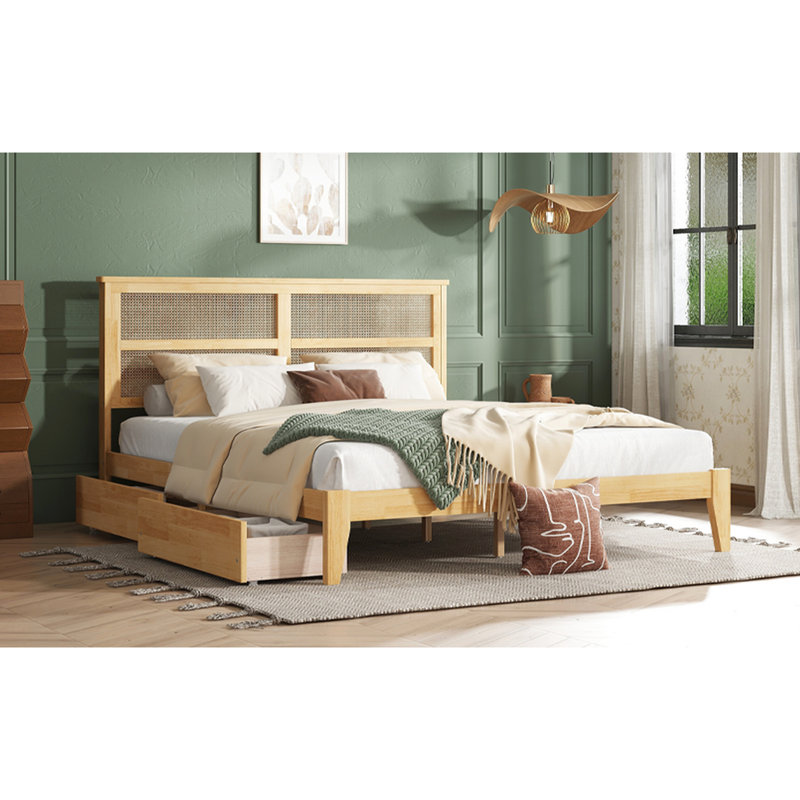 Très grand lit avec tête de lit séduisante et deux options de rangement pratiques, Très grand lit, Chêne blanc