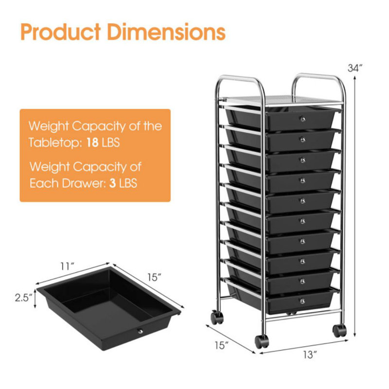 Organisateur de chariot de rangement roulant 10 tiroirs avec 4 roulettes universelles, Noir