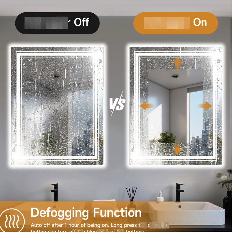 Miroir lumineux de salle de bain 40 po x 32 po, pression longue pour la luminosité, couleur courte, fonction de brouillard, compatibilité avec interrupteur mural, Ul, miroir de salle de bain en verre trempé de 4 mm, intensité variable avec 3 températures de couleur