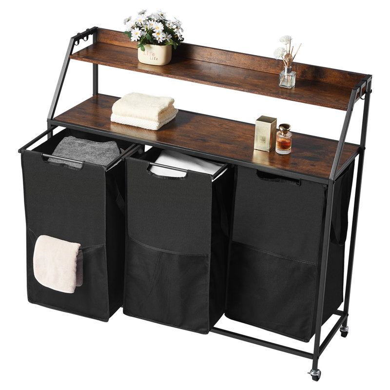 2 Tiers Laundry Sorter Tall Laundry Hamper with Wheels and Hooks 3 Section