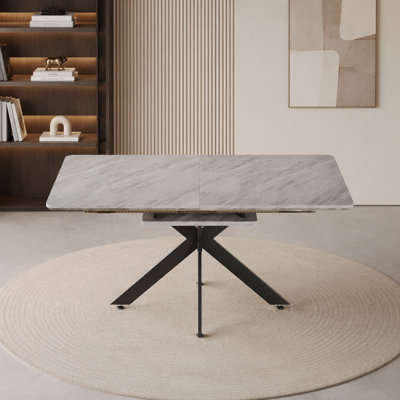 62.4" Extendable 78.15"Very large Grey Dining Table Modern Mid-Century Kitchen Table Set for Dining Room, party Table,Conference table,Black metal X shape Legs.