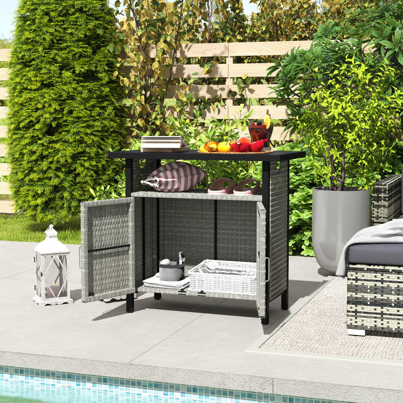 Outdoor Pool Towel Storage Cabinet Organizer, Pool Towel Holder with Shelf and Cabinet, Pool Valet with Weather-Resistant PE Rattan and Steel Frame