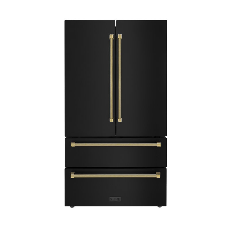 ZLINE Autograph 36 in. Counter-Depth Refrigerator in Black Stainless Steel and Bronze Helix Handles, Gold