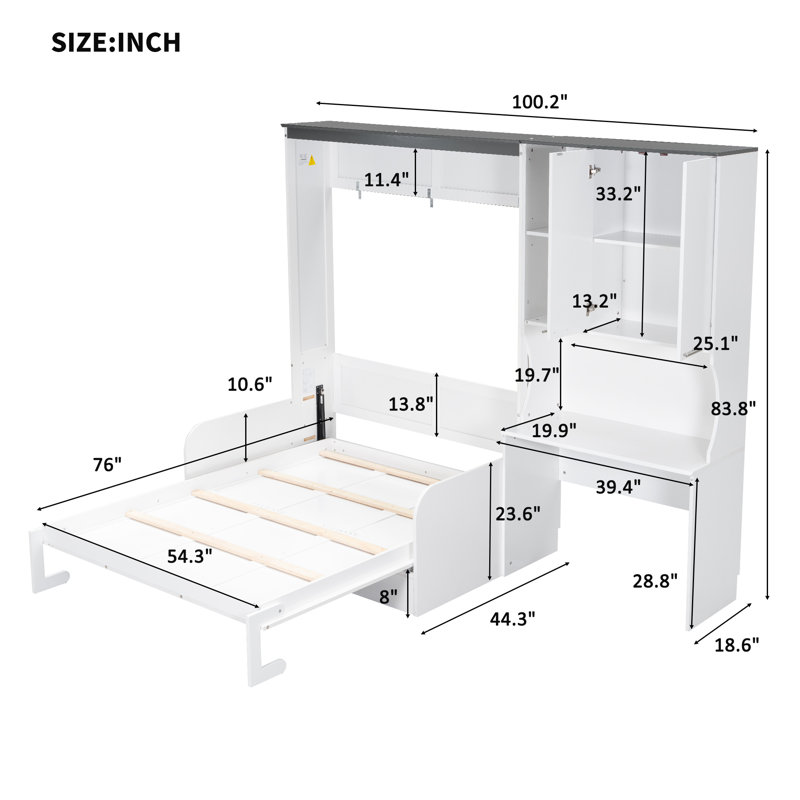 Full Size Multi-Functional Murphy Bed with Sofa, Desk & Storage Cabinet, Space-Saving Foldable Wall Bed, Full