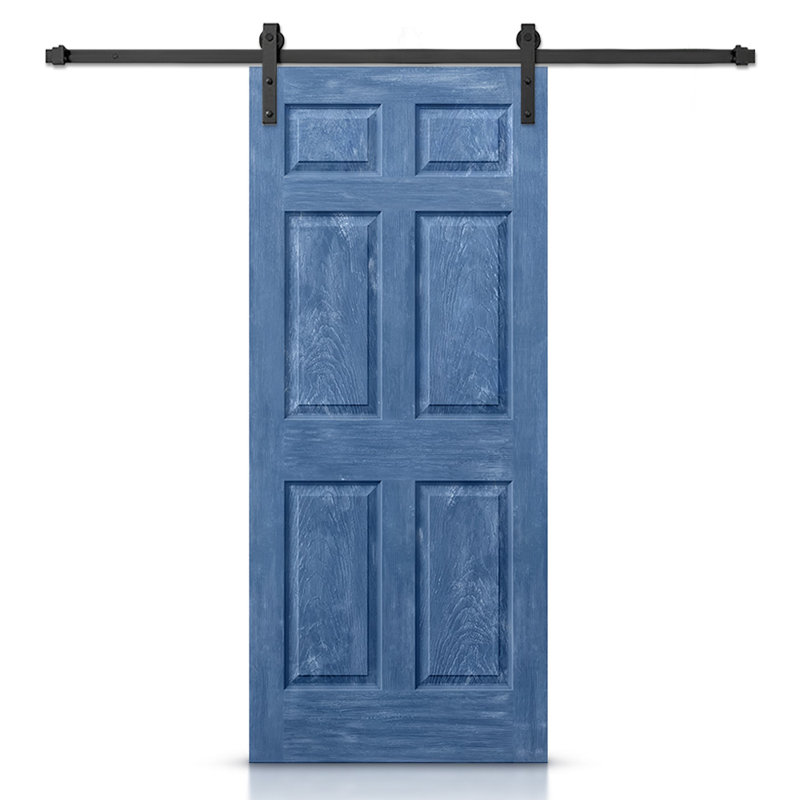 Porte de grange lambrissée en bois manufacturé et en métal peint avec trousse de quincaillerie d'installation, Bleu rétro