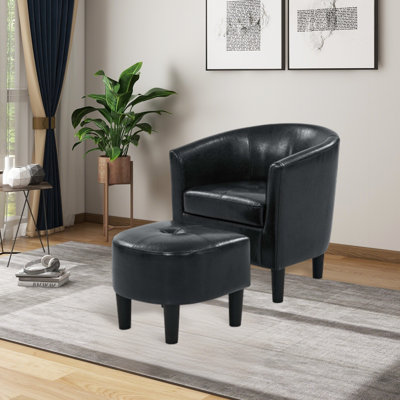 Modern Black PU Leather Upholstered Accent Chair Barrel Chair with Ottoman