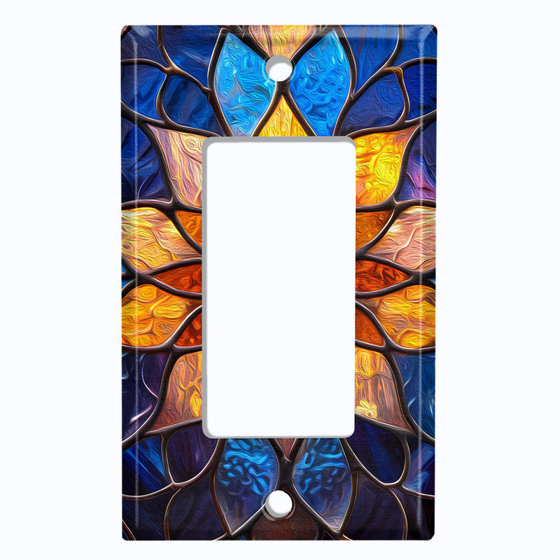 Plaque d'interrupteur en métal ; format standard américain, interrupteur à bascule GFI à 1 voie – motif imprimé de mandala floral en vitrail