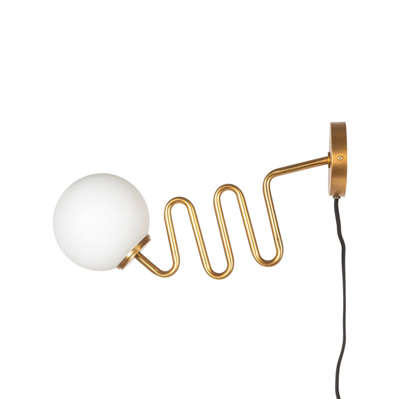 Applique murale en métal et verre avec globe sphérique en verre, base incurvée et interrupteur en ligne
